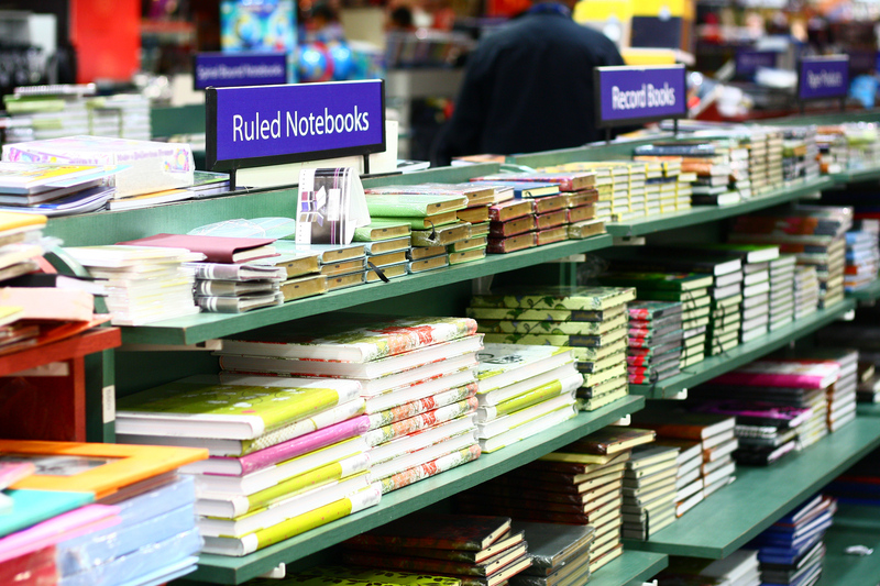 Retail shelves with notebooks