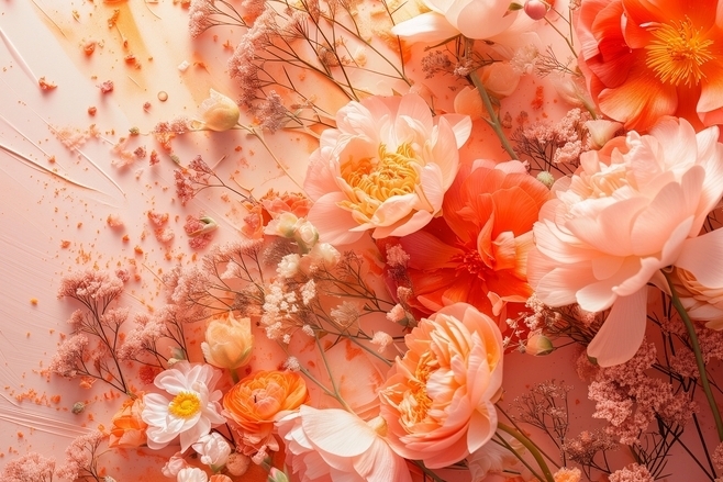 Peach coloured floral flatlay on a colour drench background